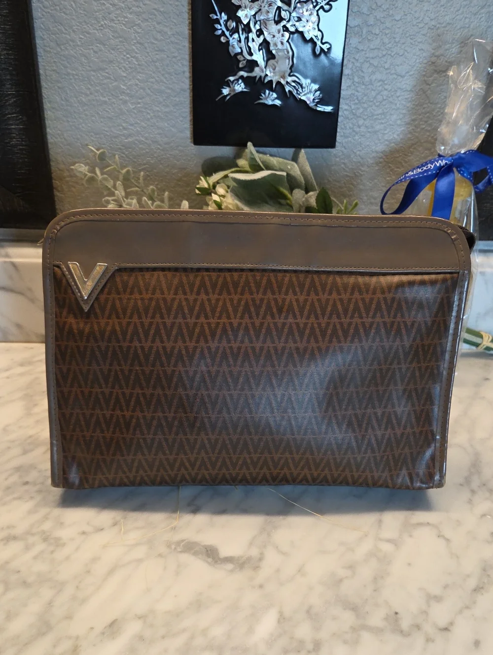 Mario Valentino Brown and Gold Logo Plaque Tote, Matching Cosmetic Pouch EUC